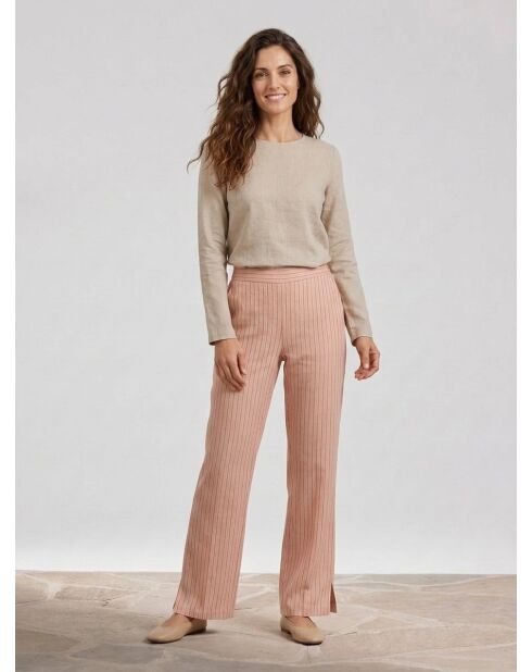 Pantalones en mezcla de lino a rayas color beige pimienta