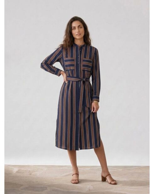 Donkerblauw/bruin gestreepte jurk