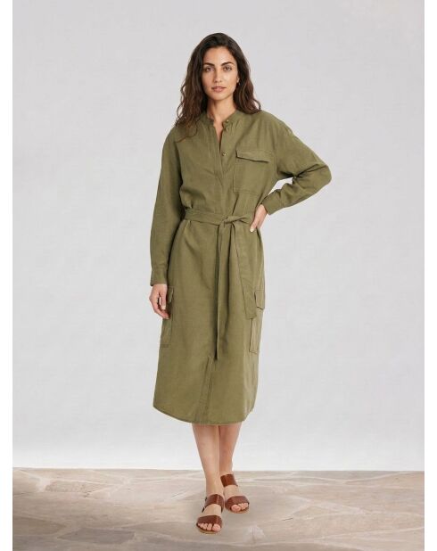 Khakifarbenes Hemdkleid aus Tencel mit Maokragen aus Leinenmischung