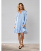 Blauw/witte korte jurk met ruches