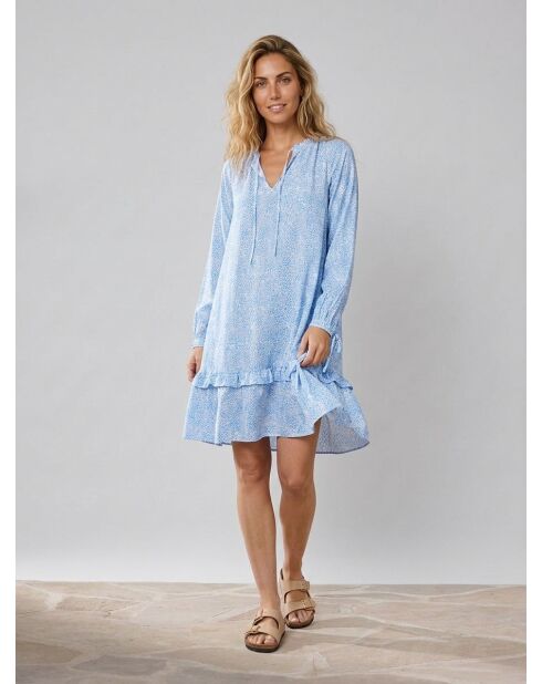 Blauw/witte korte jurk met ruches