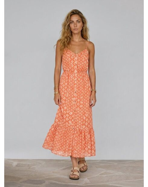Lange en soepelvallende jurk met oranje print