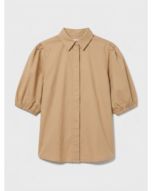 Paperbag shirt met plooien 3/4 mouwen beige