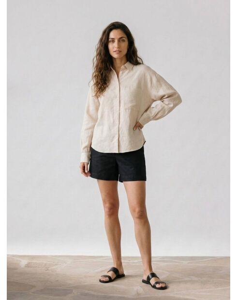 Shirt met lange mouwen van 100% linnen en beige zak
