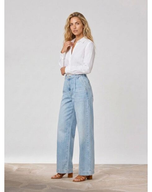 Lichtblauwe wijde jeans van katoen en linnenmix met hoge taille