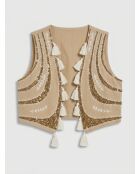 Gilet à sequins et pompons beige