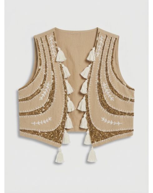 Gilet beige in paillettes con nappine