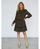 Mehrfarbiges, ausgestelltes Kleid mit gesmoktem Kragen und Blumendruck