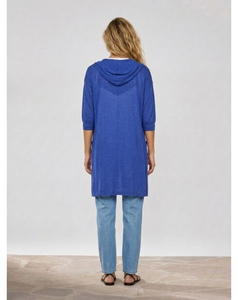 Gilet lungo Livia blu in misto lino con cappuccio