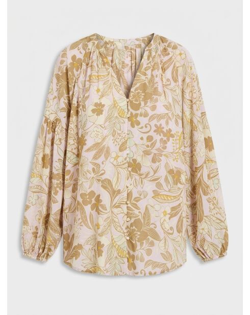 Beige/ecru hemd met lange mouwen en bloemen