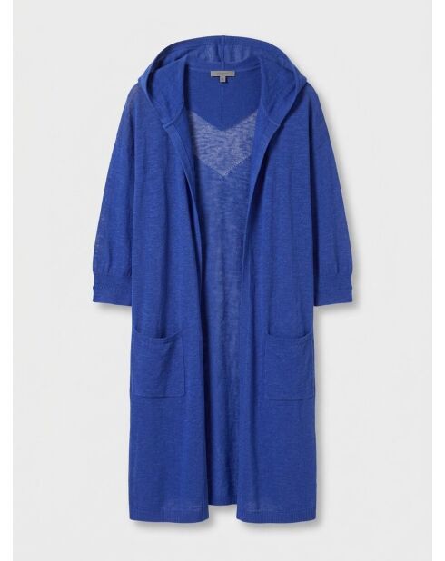 Gilet lungo Livia blu in misto lino con cappuccio