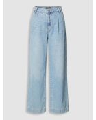 Lichtblauwe wijde jeans van katoen en linnenmix met hoge taille