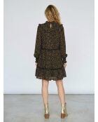 Mehrfarbiges, ausgestelltes Kleid mit gesmoktem Kragen und Blumendruck