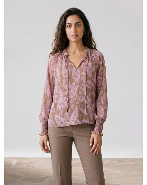 Blusa a maniche lunghe a fiori fluidi tortora/rosa