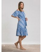 Cecile Azurfarbenes, schulterfreies Kleid mit Aufdruck
