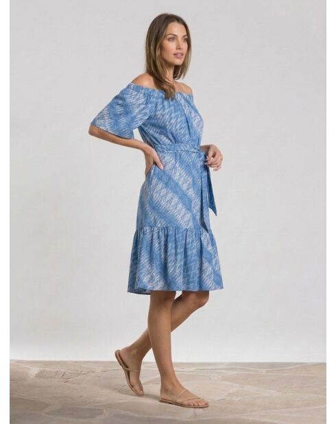 Cecile Azurfarbenes, schulterfreies Kleid mit Aufdruck