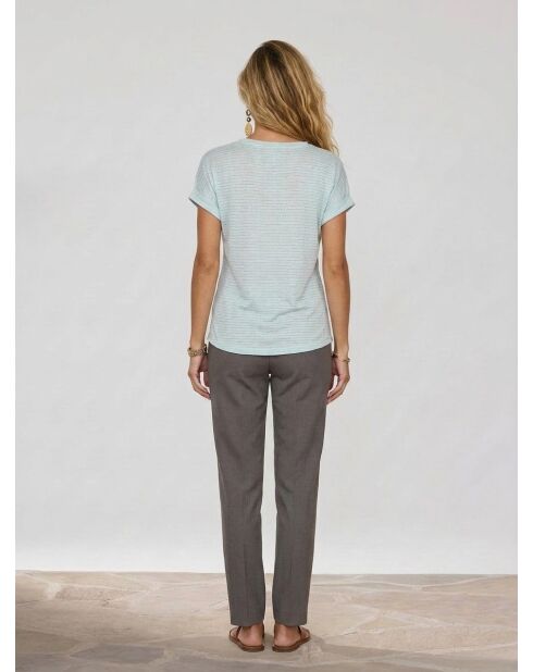 Hellblaues gestreiftes kurzärmliges Leinen-T-Shirt mit Lurexstreifen