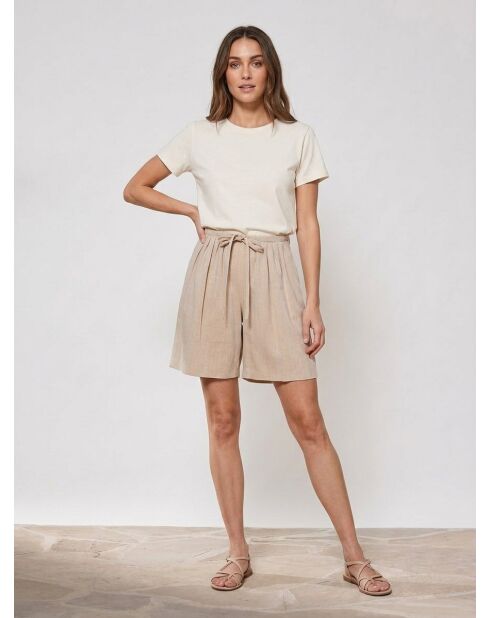 Shorts beige in misto lino plissettato