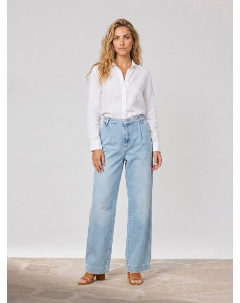 Lichtblauwe wijde jeans van katoen en linnenmix met hoge taille