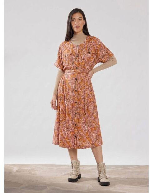 Fließendes Kleid Roxane mit Knöpfen und mehrfarbigem Fantasy-Print