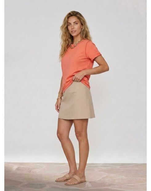 Oranje katoenen T-shirt met ronde hals en korte mouwen