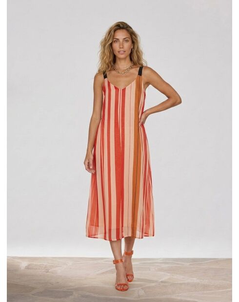 Maelle-Voile-Kleid aus 100% Seide mit rot/rosa Streifen