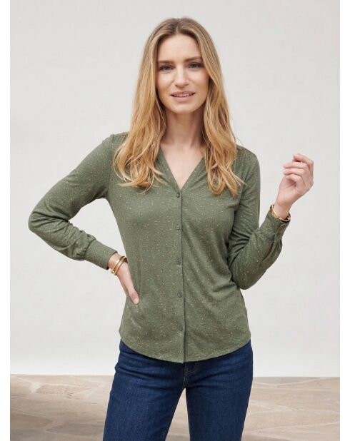 Zoé kaki T-shirt met knoopsluiting