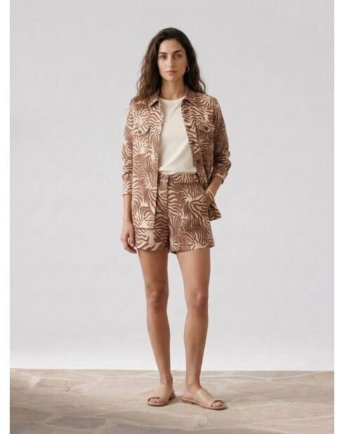 Camisa 100% lino con estampado coral beige
