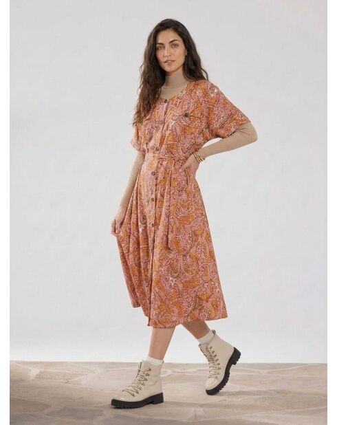 Fließendes Kleid Roxane mit Knöpfen und mehrfarbigem Fantasy-Print
