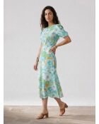 Blauw/groene midi-jurk met bloemenprint Beline
