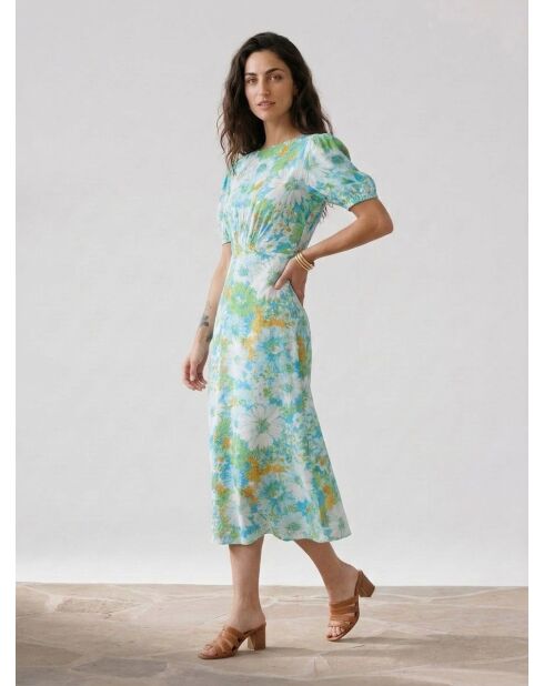 Blauw/groene midi-jurk met bloemenprint Beline