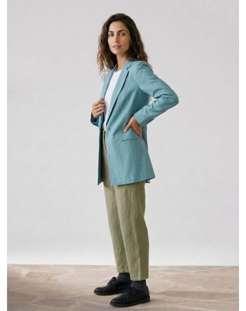 Türkisblauer Langer Blazer aus Leinenmischung