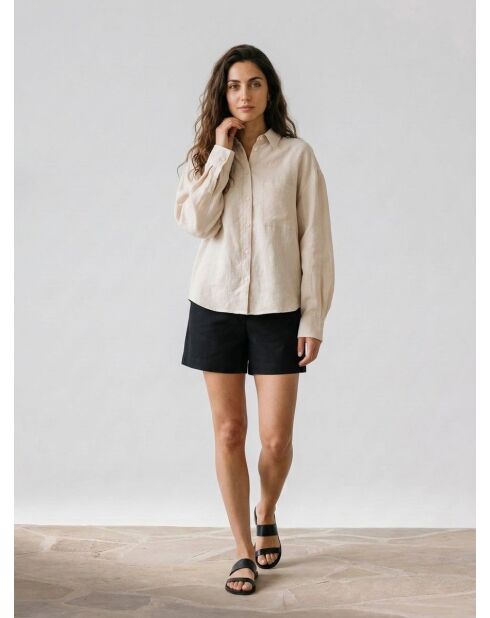 Shirt met lange mouwen van 100% linnen en beige zak
