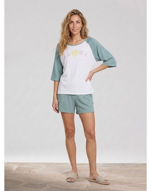 T-shirt van 100% linnen Tekla Eucalyptus/wit