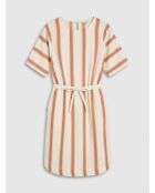 Mittellanges Kleid Anis aus Leinenmix mit weiß/braunen Streifen