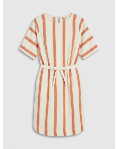 Mittellanges Kleid Anis aus Leinenmix mit weiß/braunen Streifen