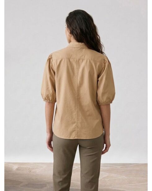 Paperbag shirt met plooien 3/4 mouwen beige