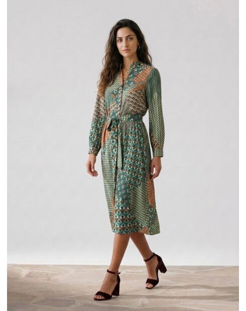 Bedrucktes Kleid in Mondgrün/Kamel