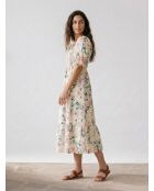 De Christin Midikleid aus 100% Leinen mit weiß/mehrfarbigem Blumendruck