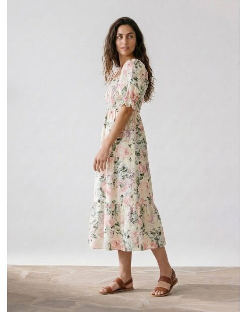 De Christin Midikleid aus 100% Leinen mit weiß/mehrfarbigem Blumendruck