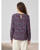 Soepele blouse met pofmouwen, pruim/blauwe patronen