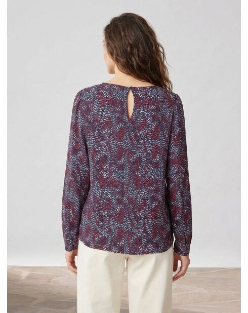 Blusa fluida con maniche a sbuffo motivi prugna/blu