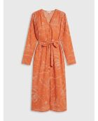 Langes Kleid mit orangefarbenem Aufdruck