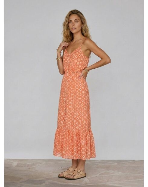 Lange en soepelvallende jurk met oranje print