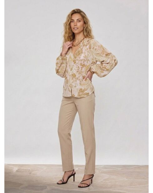 Beige/ecru hemd met lange mouwen en bloemen