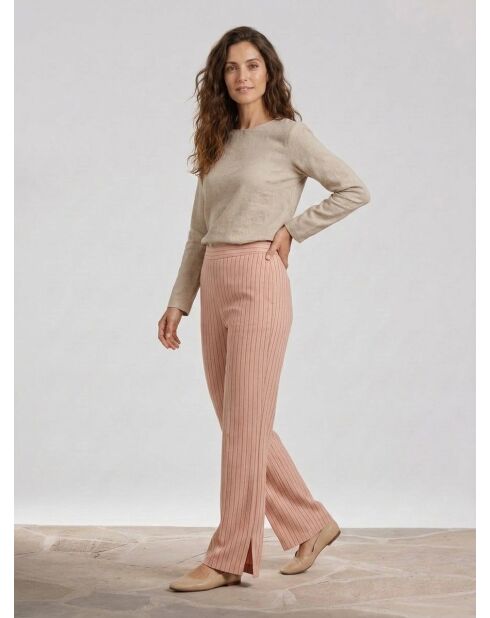 Pantalones en mezcla de lino a rayas color beige pimienta