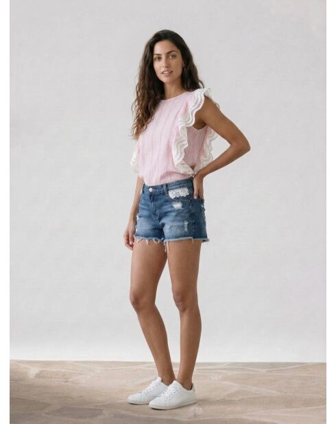 Lily Top mit Streifen und durchbrochenen Rüschen rosa/weiß