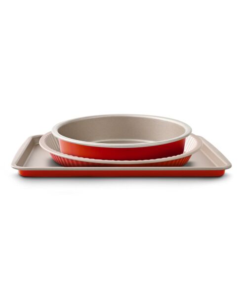 Juego de 3 piezas (molde para tartas de 26 cm, molde para tartas de 28 cm y bandeja para hornear de 38 x 28 cm), champán/terracota