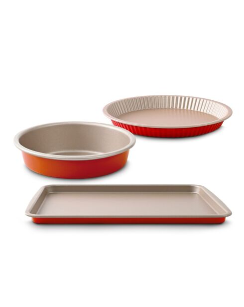 Juego de 3 piezas (molde para tartas de 26 cm, molde para tartas de 28 cm y bandeja para hornear de 38 x 28 cm), champán/terracota