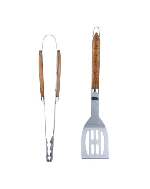 Set de 2 utensilios de barbacoa con espátula y pinzas para savia plateadas, 42/42 cm